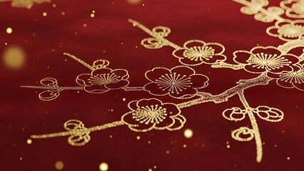Golden floral pattern with shimmering particles on a red background, evoking a sense of celebration and luxury