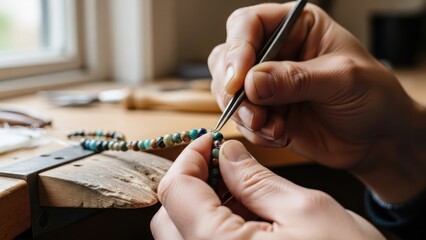 Close-up of hands crafting a beaded necklace with a tool on a workbench near a window.