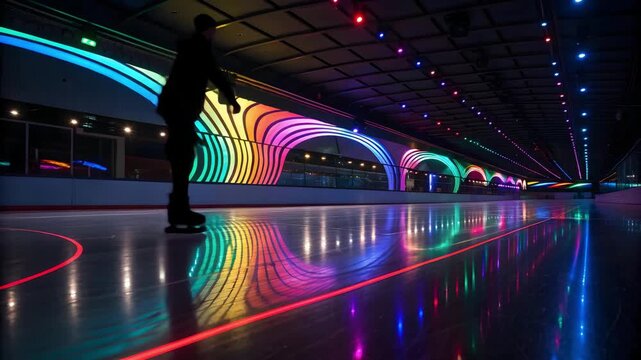 Vibrant Indoor Roller Skating Rink with Neon Lights and Reflective Flooring for Fun Nighttime Activities