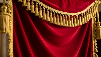 Luxurious Red Curtain with Golden Tassels and Drapery in an Elegant Setting