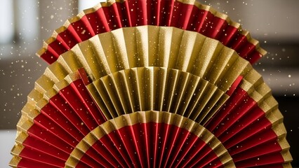 Red and gold fans arranged in a decorative display with sparkling elements in the background