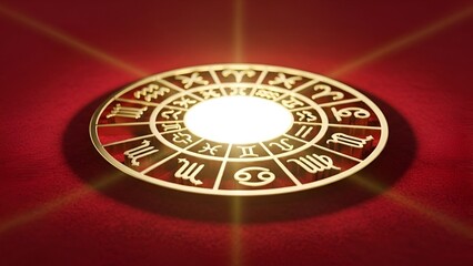Zodiac Circle with Astrological Symbols on Red Background