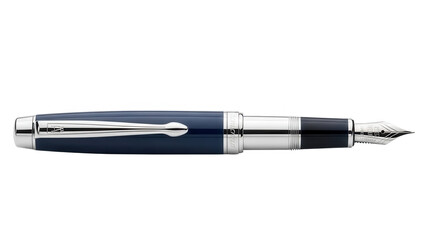 Elegant blue fountain pen with silver accents on transparent background