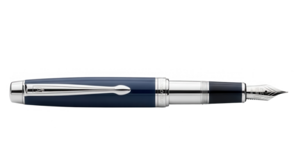 Elegant blue fountain pen with silver accents on transparent background