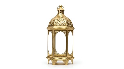 An ornate golden lantern with intricate designs standing alone on a white background