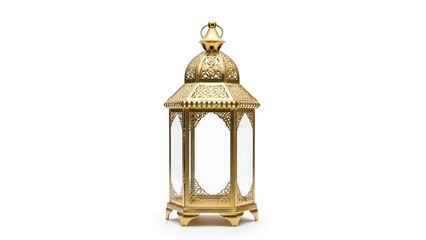 Golden lantern with intricate design isolated on white background viewed from the front