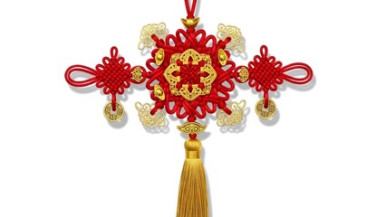 Ornate gold bar decoration with red and gold Chinese knot isolated on white background