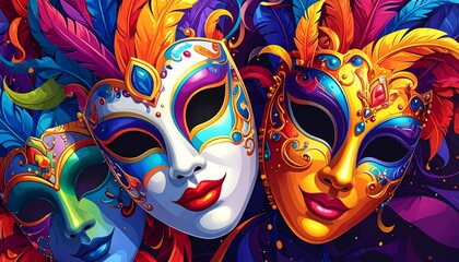 Vibrant and ornate carnival masks with feathers, perfect for celebration