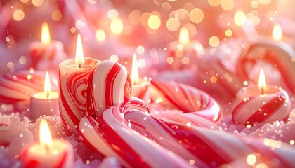 Close-up of glowing candles nestled among festive red and white striped sweets, creating a warm, celebratory atmosphere