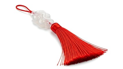 Red tassel charm with cloud-shaped bead isolated on white background