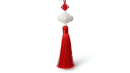 Red tassel charm with cloud-shaped bead hanging isolated on white background