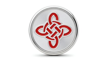 Celtic knotwork design on a metallic silver badge with red intertwined patterns against a white background
