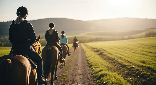 Group of horseback riders, enjoying a scenic trail ride through lush green fields, with rolling hills and a warm sunset creating a serene outdoor atmosphere