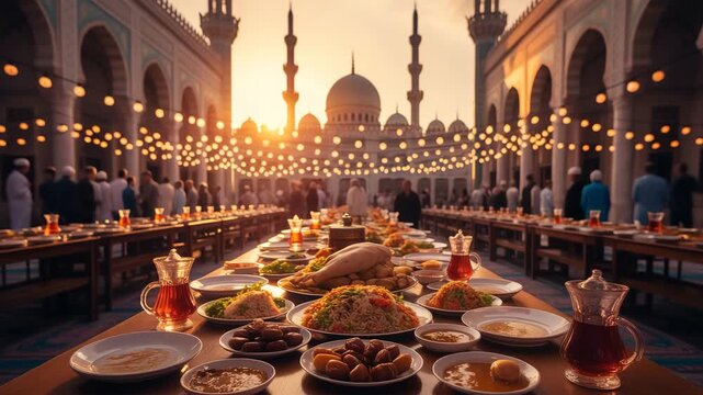 Traditional iftar feast at sunset in a beautiful mosque courtyard