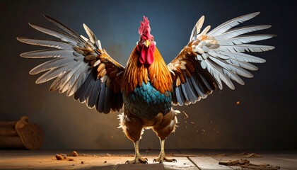 Vibrant rooster proudly displaying its impressive wings spread wide
