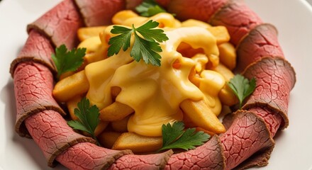 厚切りローストビーフと、とろけるチーズソースポテトの盛り合わせ