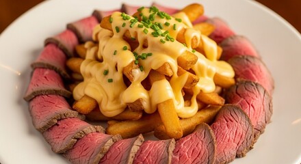 厚切りローストビーフと、とろけるチーズソースポテトの盛り合わせ