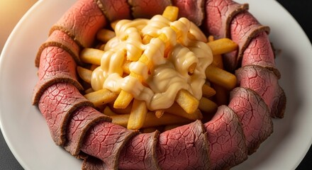 厚切りローストビーフと、とろけるチーズソースポテトの盛り合わせ