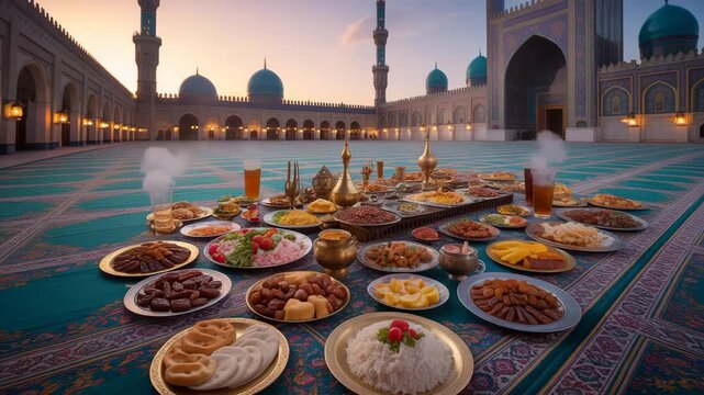 Vibrant iftar feast spread in stunning mosque courtyard at sunset