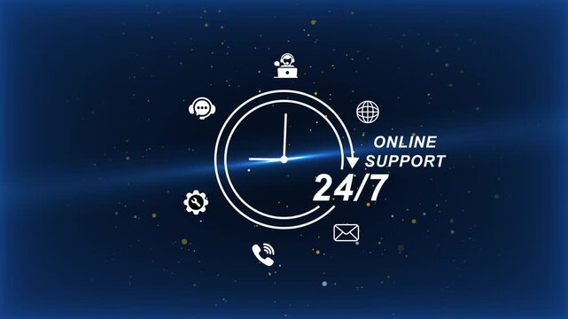24/7 Online Support Services Concept with Clock and 24/7 support online help customer service