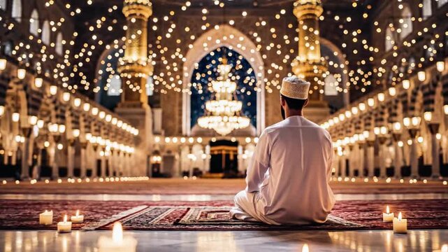 A man sits on a prayer mat in a brightly lit mosque