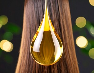 Close-up of long, brown hair with a large, golden, teardrop-shaped liquid in front of it against a blurred background