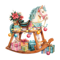 Artistic watercolor rocking horse with Christmas decorations on transparent background