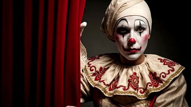 Mysterious Pierrot Clown Peeks From Behind The Red Stage Curtain.