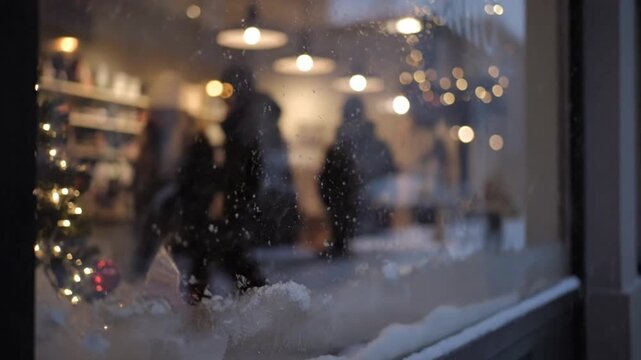 Blurry View of People Outside Store Window.