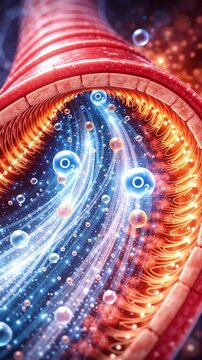 Vibrant medical anatomy illustration of tubular artery system with flowing oxygen molecules and cellular particles conveying dynamic circulation and microscopic flow energy high resolution red vessel