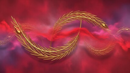 Golden wheat swirling in a vibrant red environment