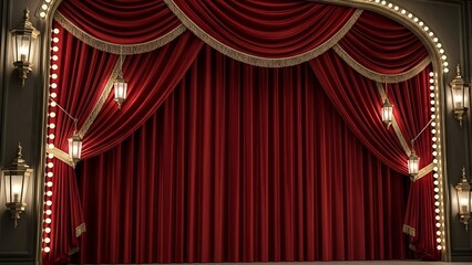 A grand red curtain with draped swags and spotlights on a darkened theater stage