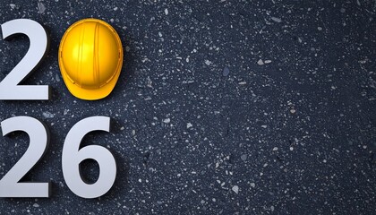 Creative 2026 New Year design template with yellow  and red protective helmet and grey asphalt background. 3D render illustration on an engineering, logistics or road construction theme.