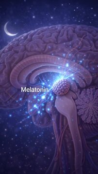 Glowing pineal gland within brain anatomy lights melatonin pathways medical night scene evoking sleep and circadian rhythm while showing melatonin system signals and sleep regulation with neural