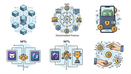 A detailed illustration representing blockchain technology and NFT ecosystems, including decentralized networks, digital assets, smart contracts, and secure transactions. Ideal for crypto, fintech.