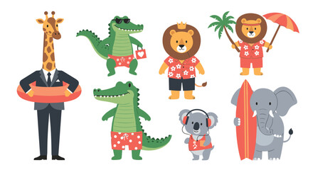Fototapeta premium Diverse group of wild animals wearing summer clothing and holding beach accessories like surfboards and lifebuoys in a fun flat illustration.