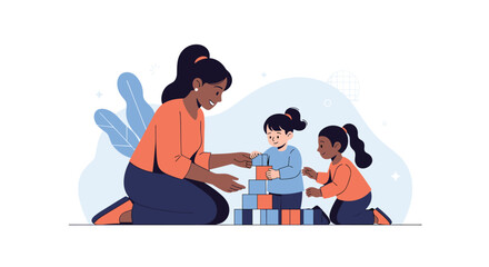Smiling African American mother or teacher helping two young children build a tall tower with blue and red toy blocks in a flat illustration.