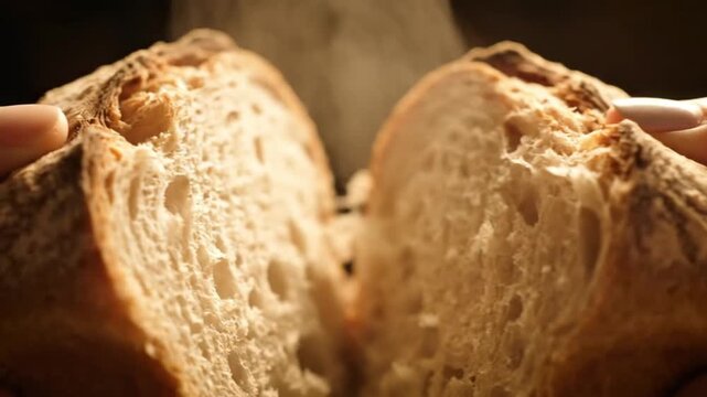 Freshly Baked Bread Being Broken Apart.