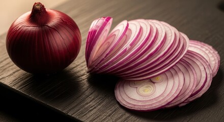 Fresh red onion and sliced rings on cutting board, vibrant culinary ingredient-organic vegetable