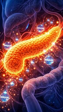 Glowing pancreas anatomy medical illustration showing endocrine gland organ and insulin signaling with cellular molecule glucose detail conveying metabolic function and vibrant cellular communication