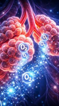 Detailed medical anatomy illustration of alveolus and capillary system showing oxygen gas exchange lung respiratory anatomy with glowing oxygen molecules and microscopic vascular detail creating