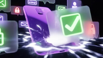 A smartphone surrounded by various digital icons and symbols floating in mid-air - Powered by Adobe