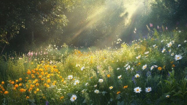 Soft, hazy sunlight of a late spring afternoon, casting long shadows over a wildflower meadow