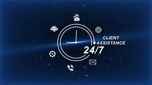 24/7 Client Assistance Services Concept with Clock and 24/7 support customer service help desk support team