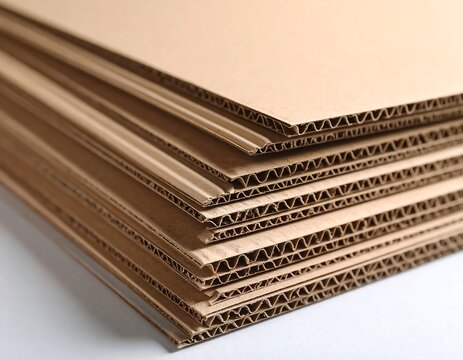 Close-up studio shot of a stack of corrugated cardboard sheets. The focus is on the edges showing the internal fluting