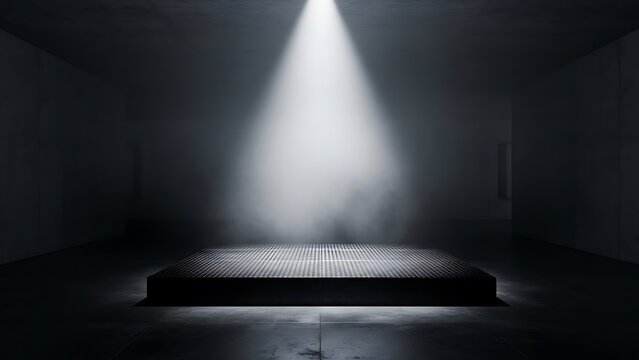 Empty square room with White light on stage night shines down on the smoky steel floor background
