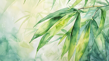 watercolor close-up bamboo leaf with dew