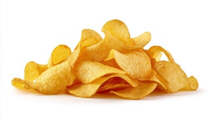 Golden potato chips on white background. AI image
