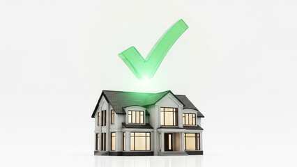 A modern, well-lit house with a large green checkmark glowing above it, symbolizing approval or a successful transaction