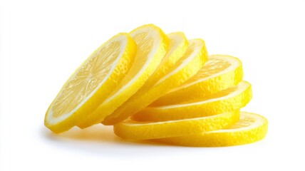 Vivid lemon slices on solid white background. AI image